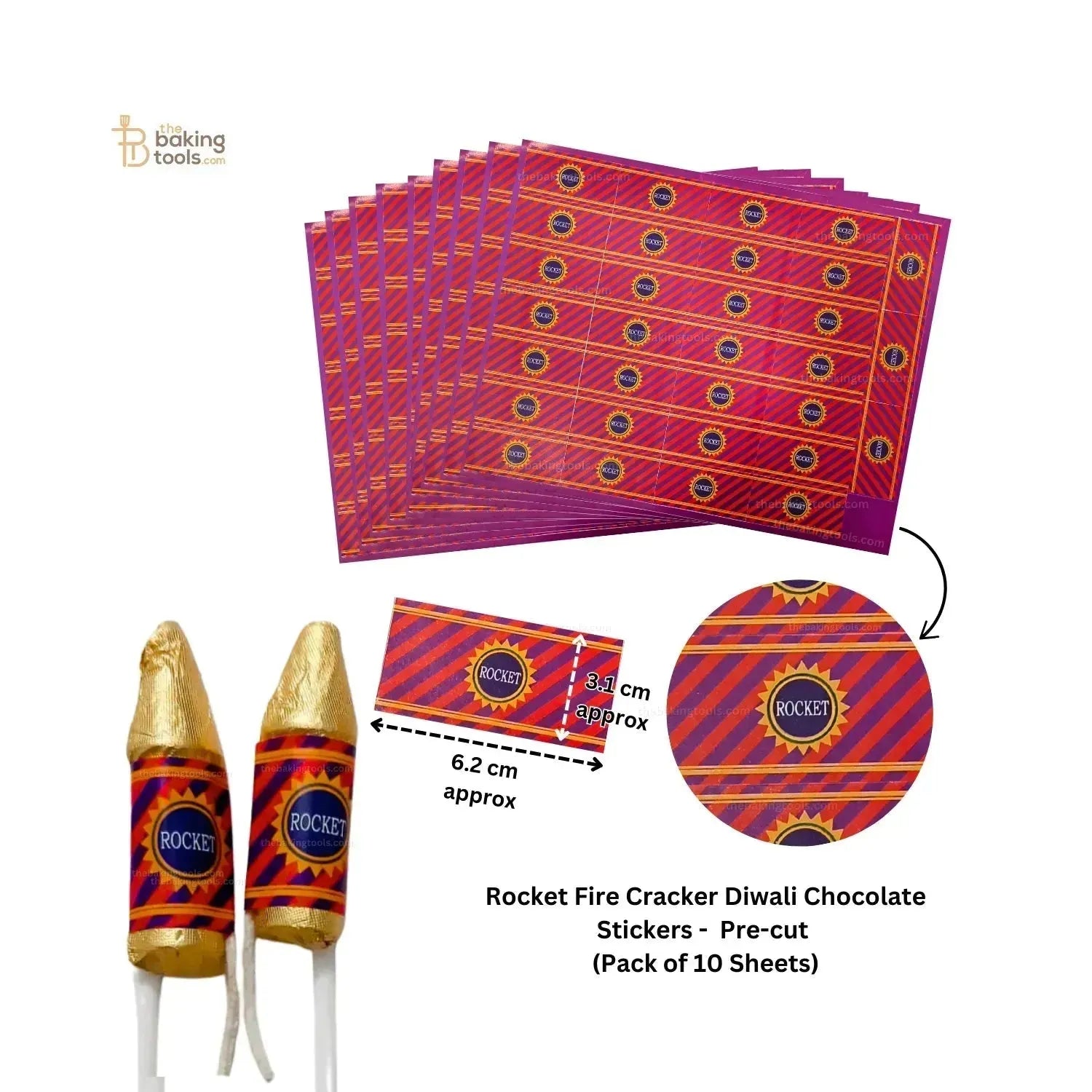 Rocket Fire Cracker Diwali Chocolate Stickers - Sheet Pre-cut (Pack of 10 Sheets) - thebakingtools.com